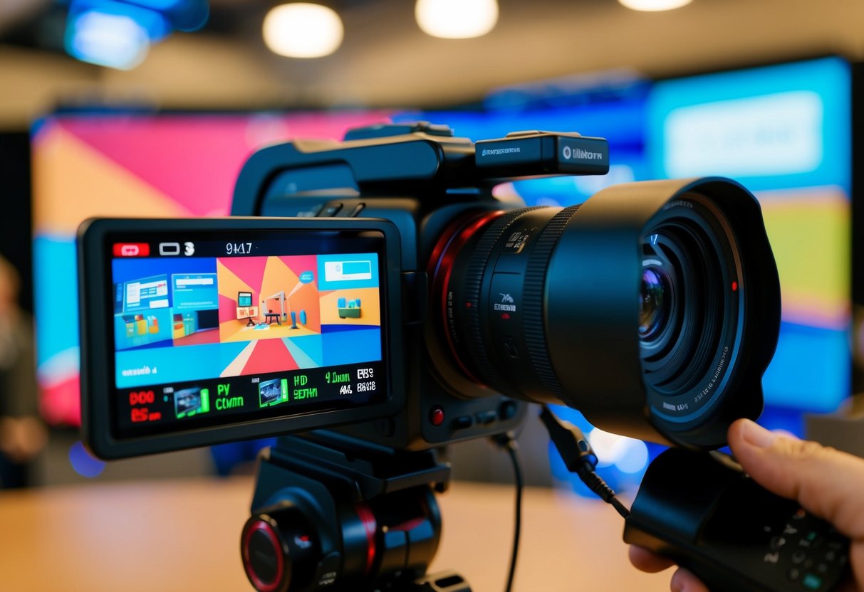 A camera recording a product demonstration with vibrant graphics and engaging visuals