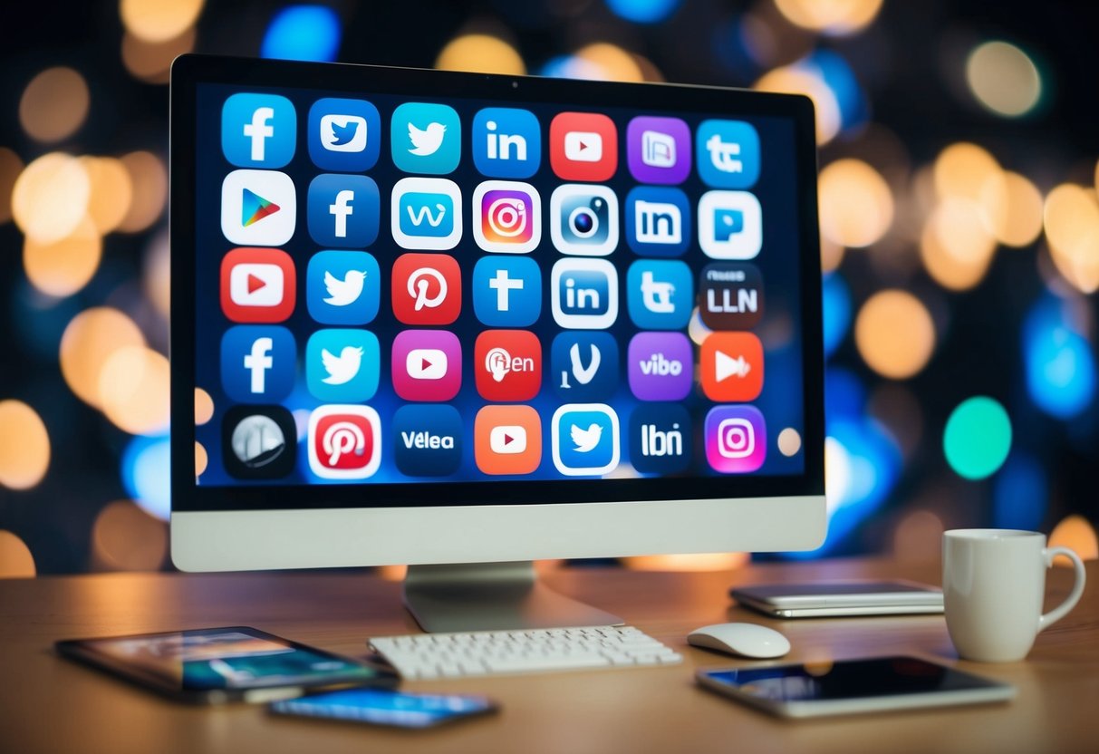 A computer screen surrounded by various social media and video streaming platform icons