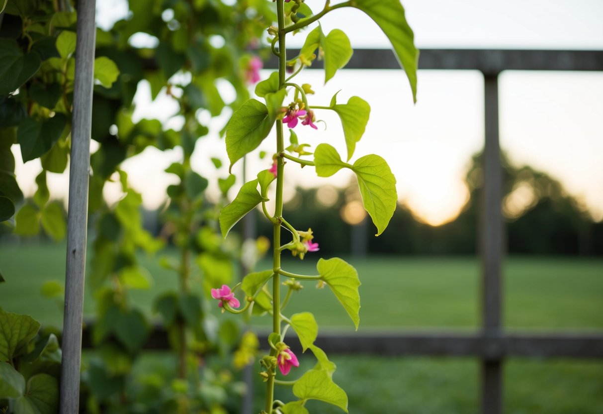 A vine with leaves and flowers growing rapidly up a trellis