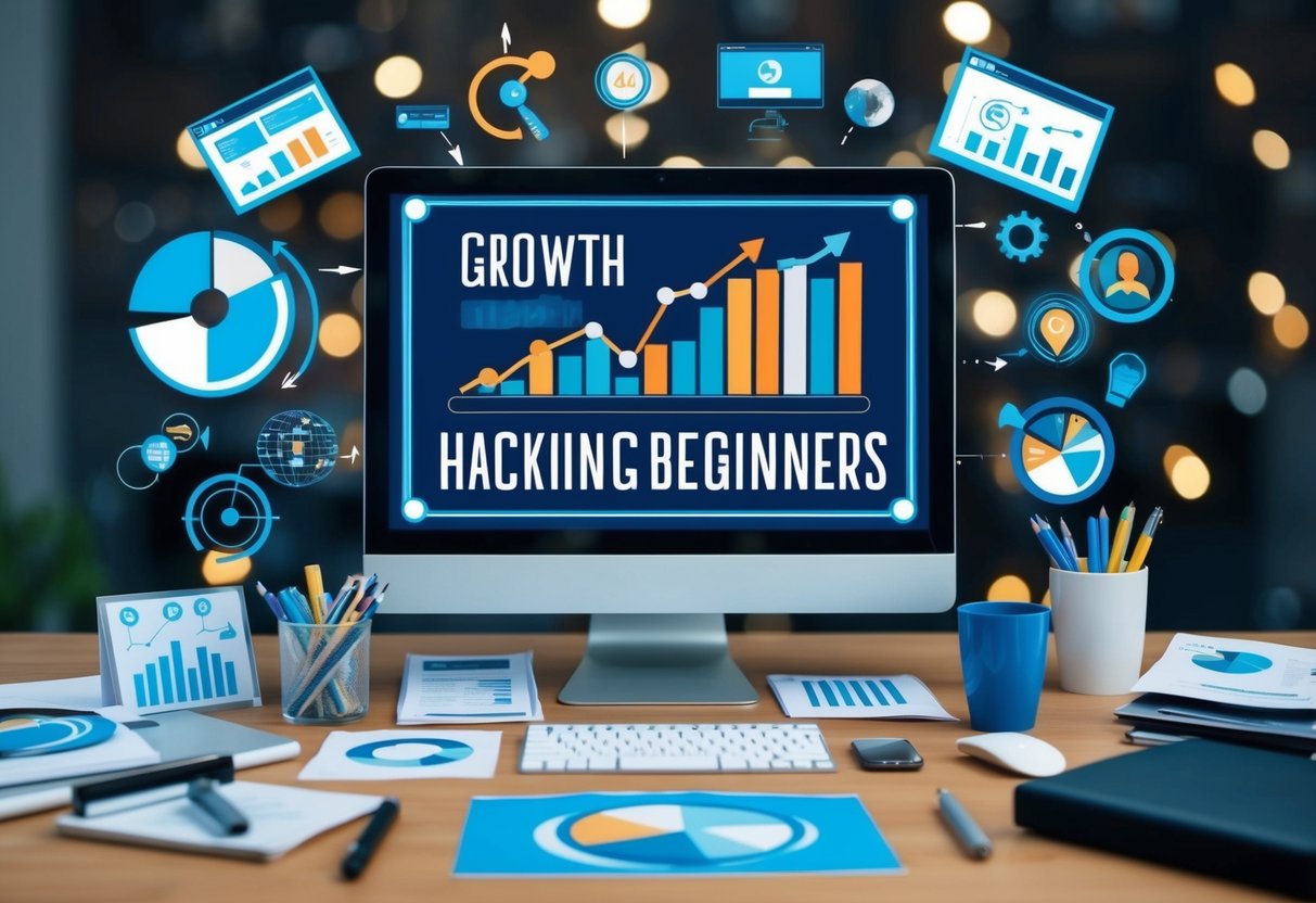 A computer surrounded by various tools and techniques, such as graphs, charts, and marketing materials, symbolizing growth hacking for beginners