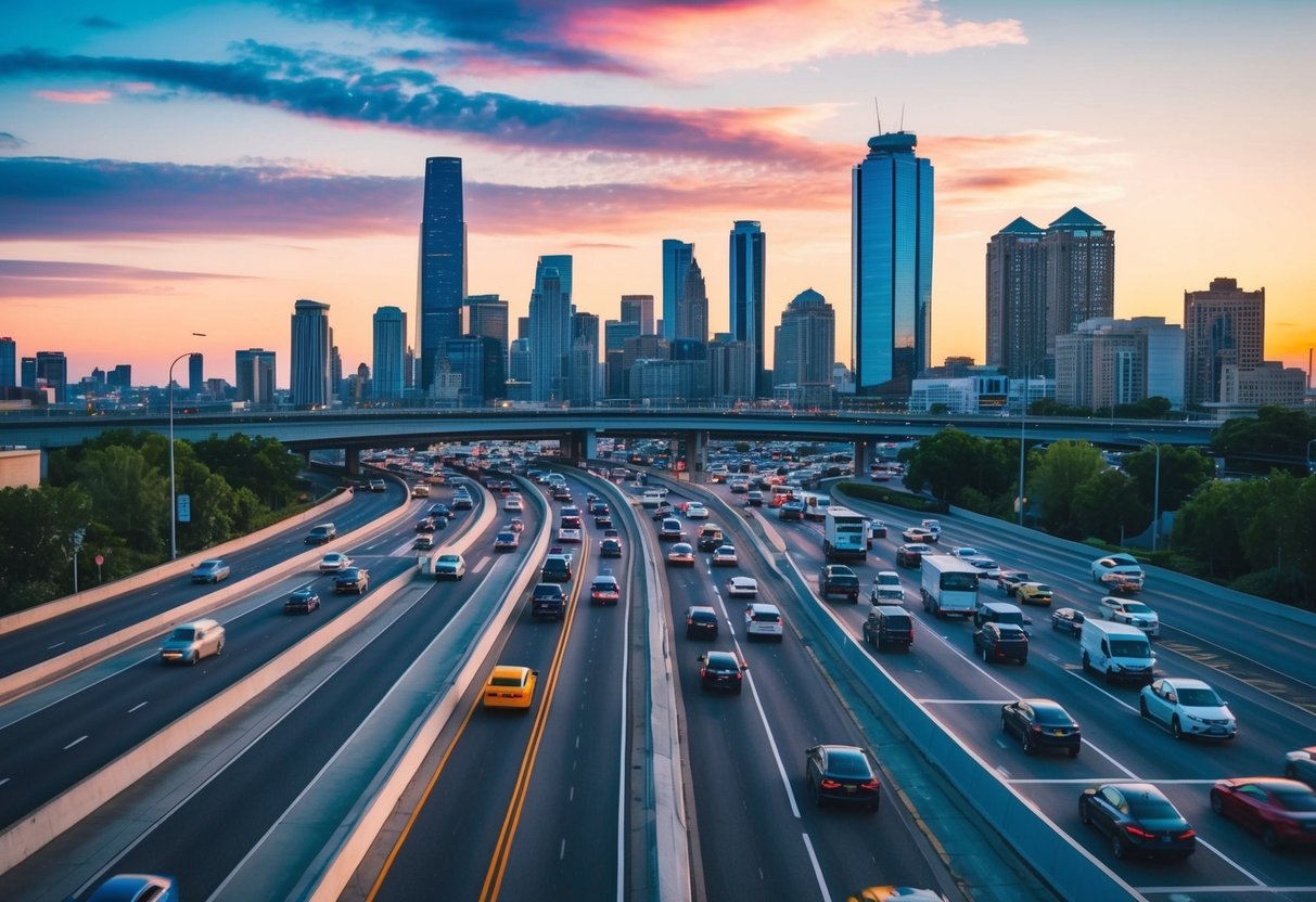 A busy intersection with multiple lanes of traffic leading to a vibrant city skyline