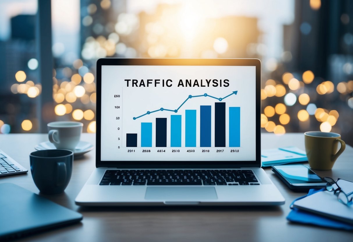 A laptop surrounded by traffic analysis and SEO tools, with a graph showing an increase in website traffic