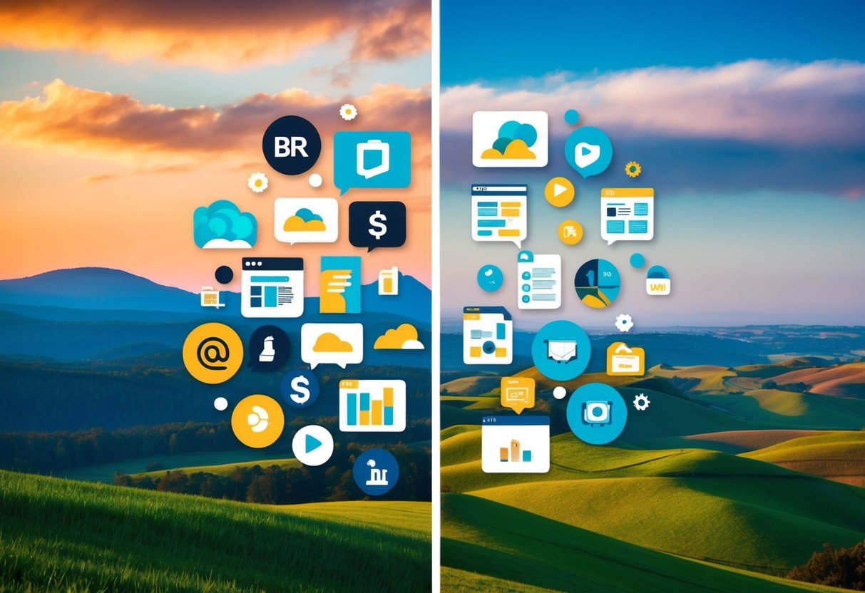 A vibrant, abstract landscape split in half - one side representing branding with bold, recognizable symbols, and the other side depicting marketing with diverse, engaging content