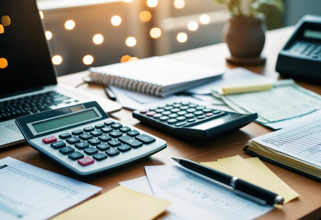 A cluttered desk with a calculator, laptop, and scattered papers, alongside a cash register and open ledger