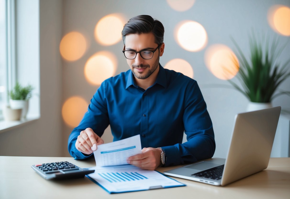 A small business owner reviewing financial documents at a desk with a calculator and laptop