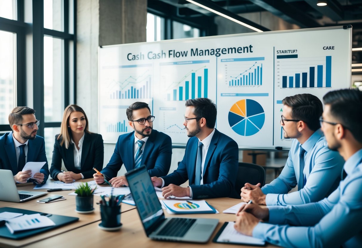 A bustling office with a whiteboard filled with financial charts and graphs, a team of professionals engaged in intense discussions about cash flow management in startups