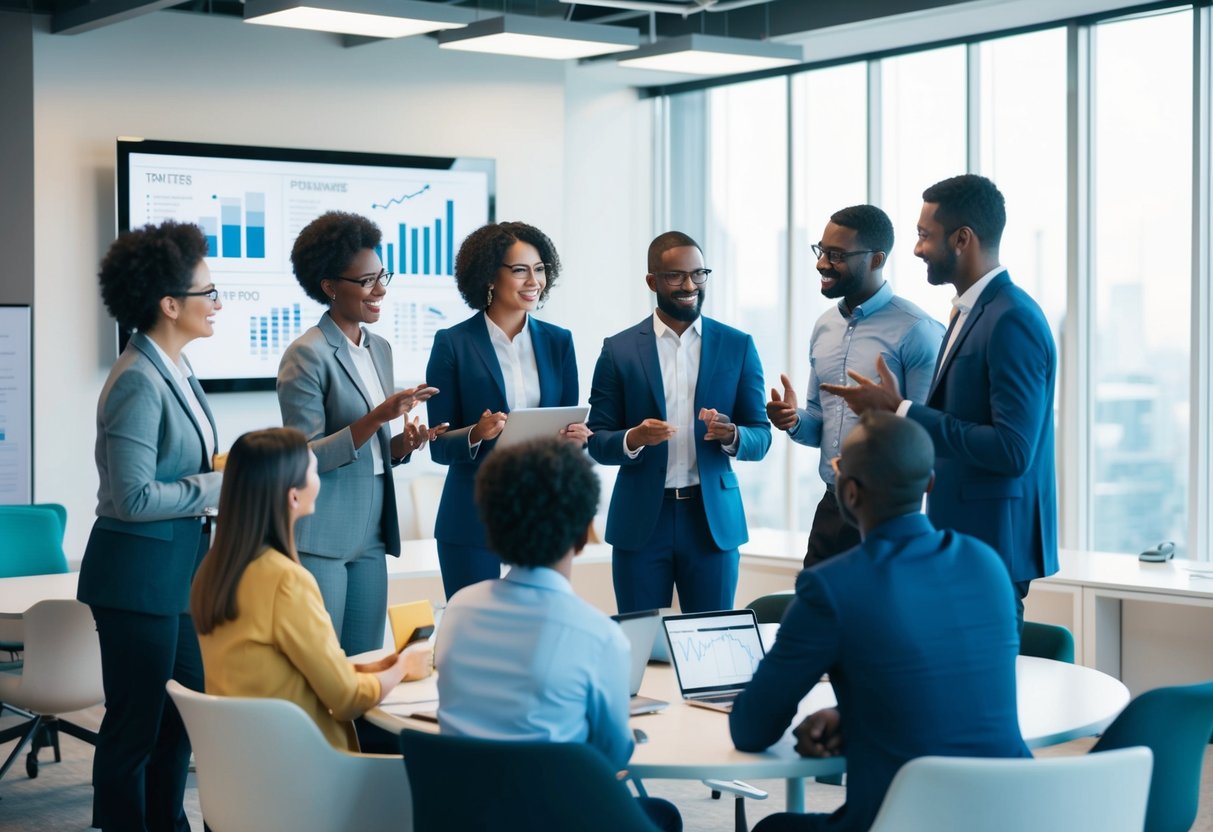 A group of diverse individuals brainstorming funding options in a modern office space, with charts and graphs displayed on a large screen