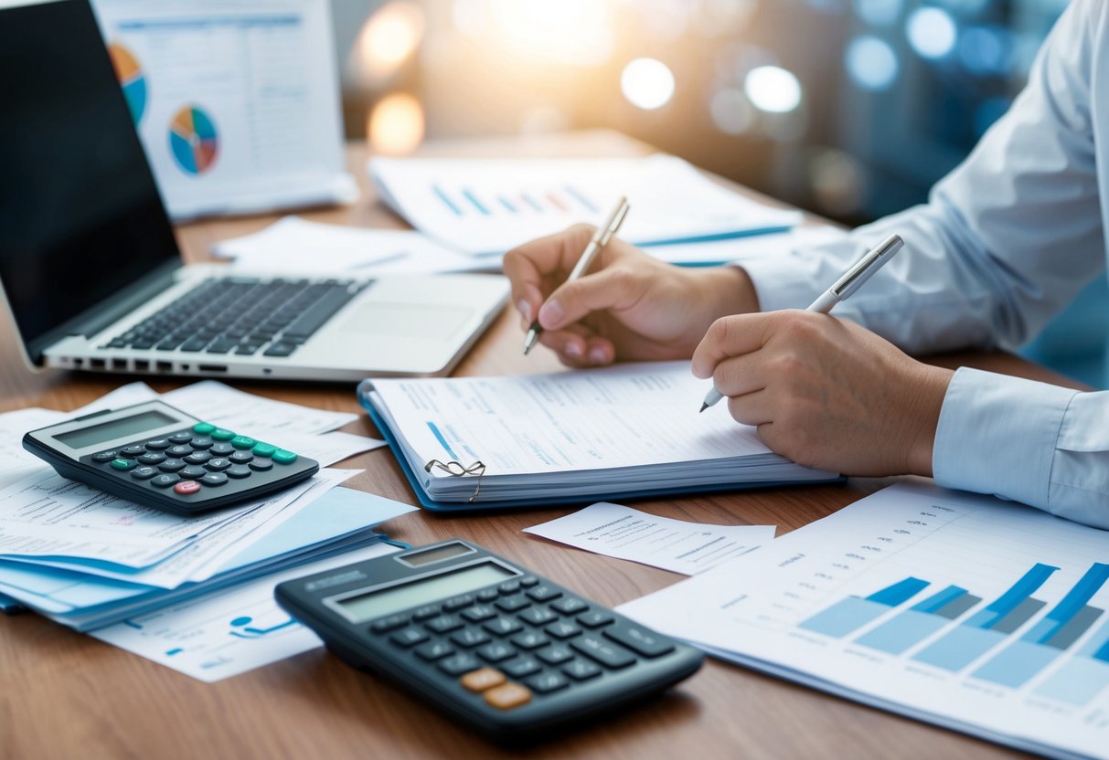 A desk cluttered with receipts, a calculator, and a laptop. A person writes in a notebook, surrounded by charts and graphs