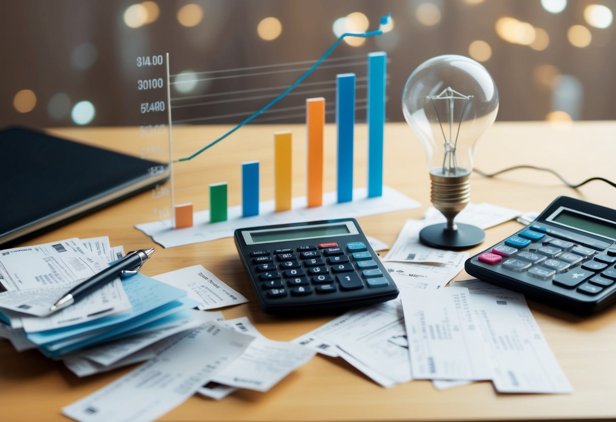 A cluttered desk with scattered receipts and a calculator. A chart showing decreasing expenses. A lightbulb symbolizing cost-saving ideas