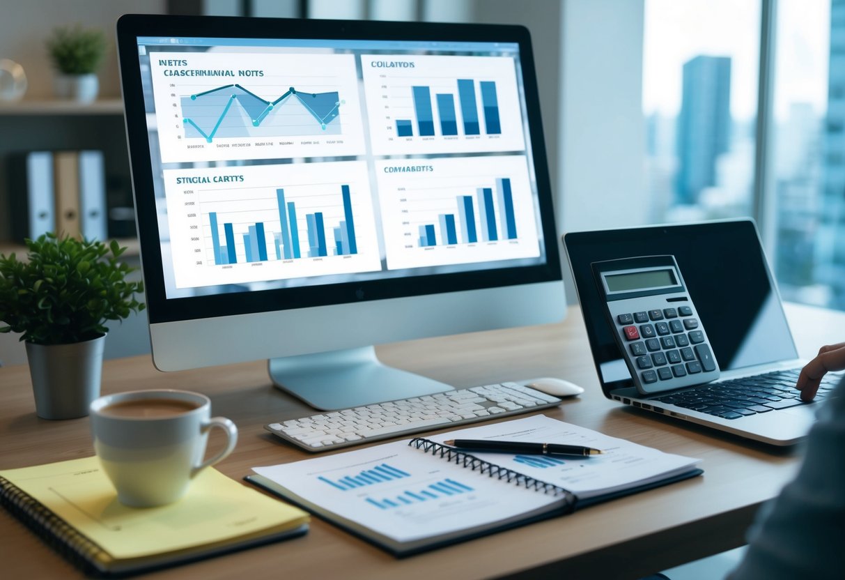 A desk with a laptop, calculator, and financial documents. Charts and graphs displayed on a computer screen. A cup of coffee and a notepad with calculations