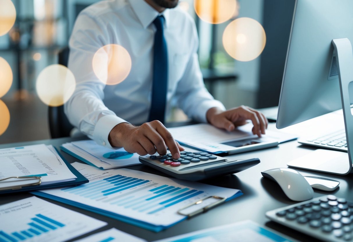 A person at a desk, surrounded by financial documents and spreadsheets, using a calculator and computer to create revenue projections