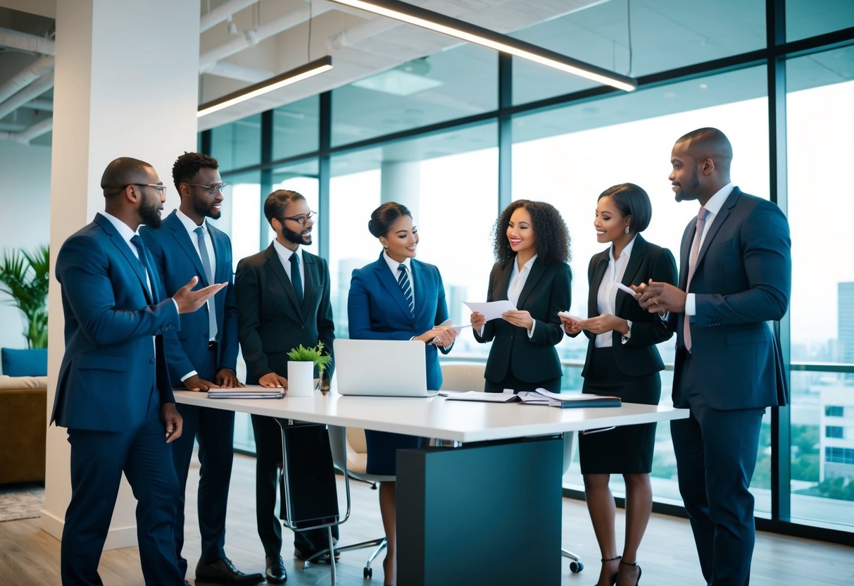 A group of diverse business professionals discussing loan options in a modern office setting