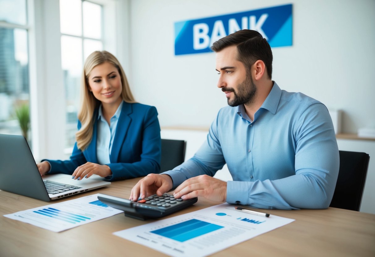 A desk with a laptop, calculator, and financial documents. A bank logo on the wall. A business owner inquiring about loan options