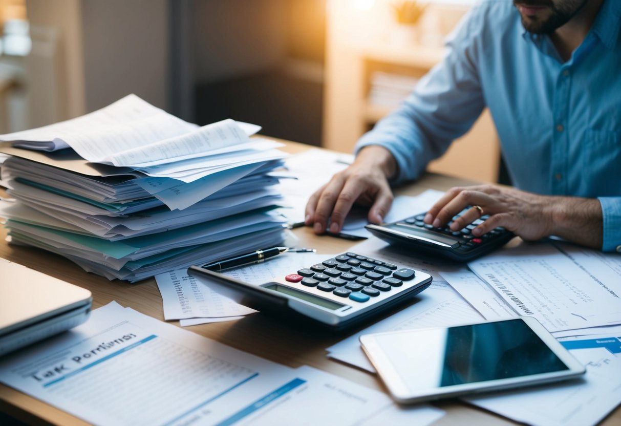 A cluttered desk with a laptop, calculator, and receipts. A stack of tax forms and a calendar with deadlines. A stressed freelancer surrounded by paperwork