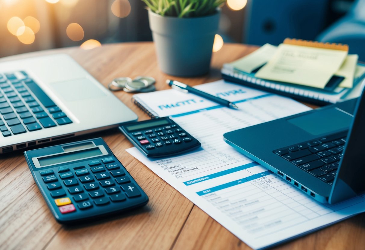 A cluttered desk with a laptop, calculator, receipts, and tax forms. A calendar and notepad with financial notes