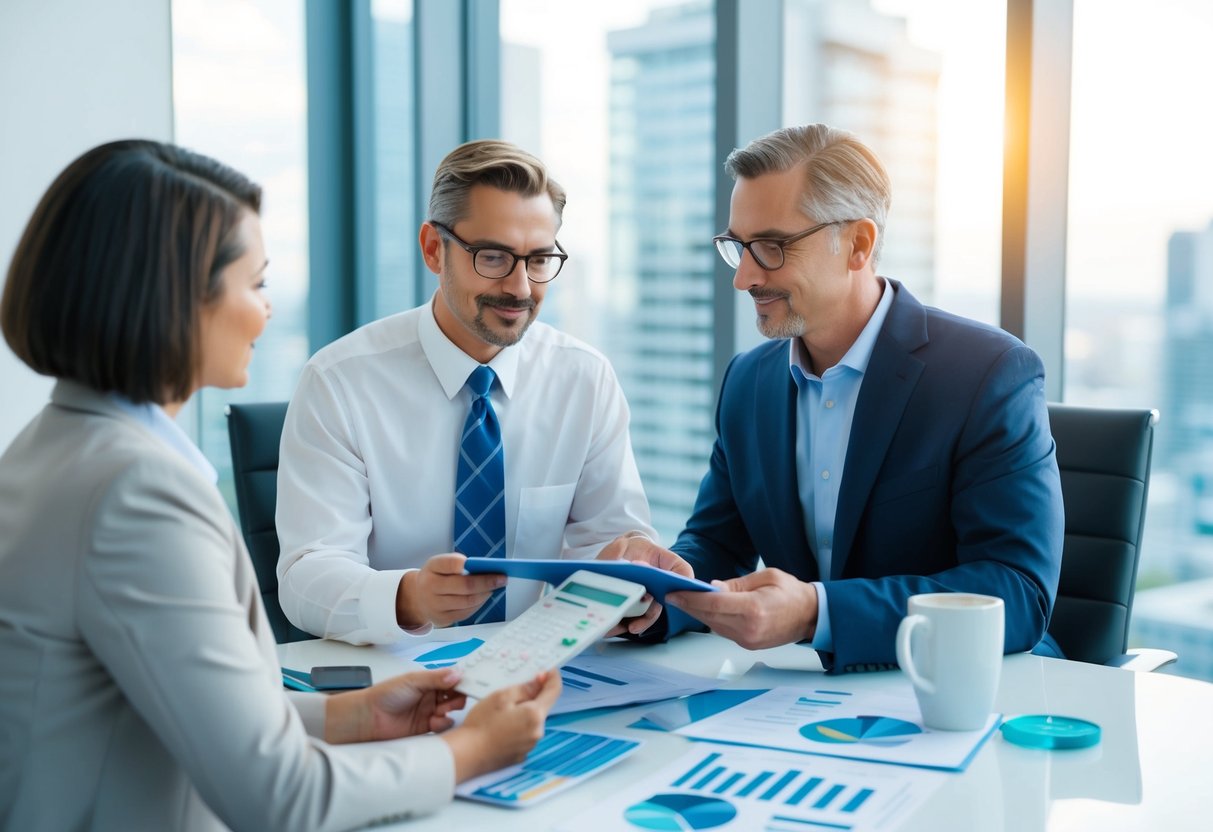 A small business owner reviewing various investment options, including stocks, bonds, and real estate, with a financial advisor