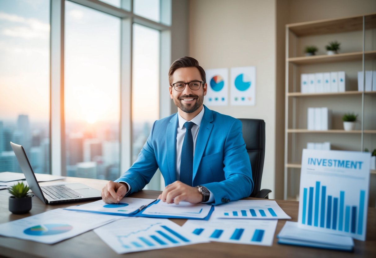 A small business owner sits at a desk, surrounded by financial documents and charts. They are comparing investment options and considering their next move