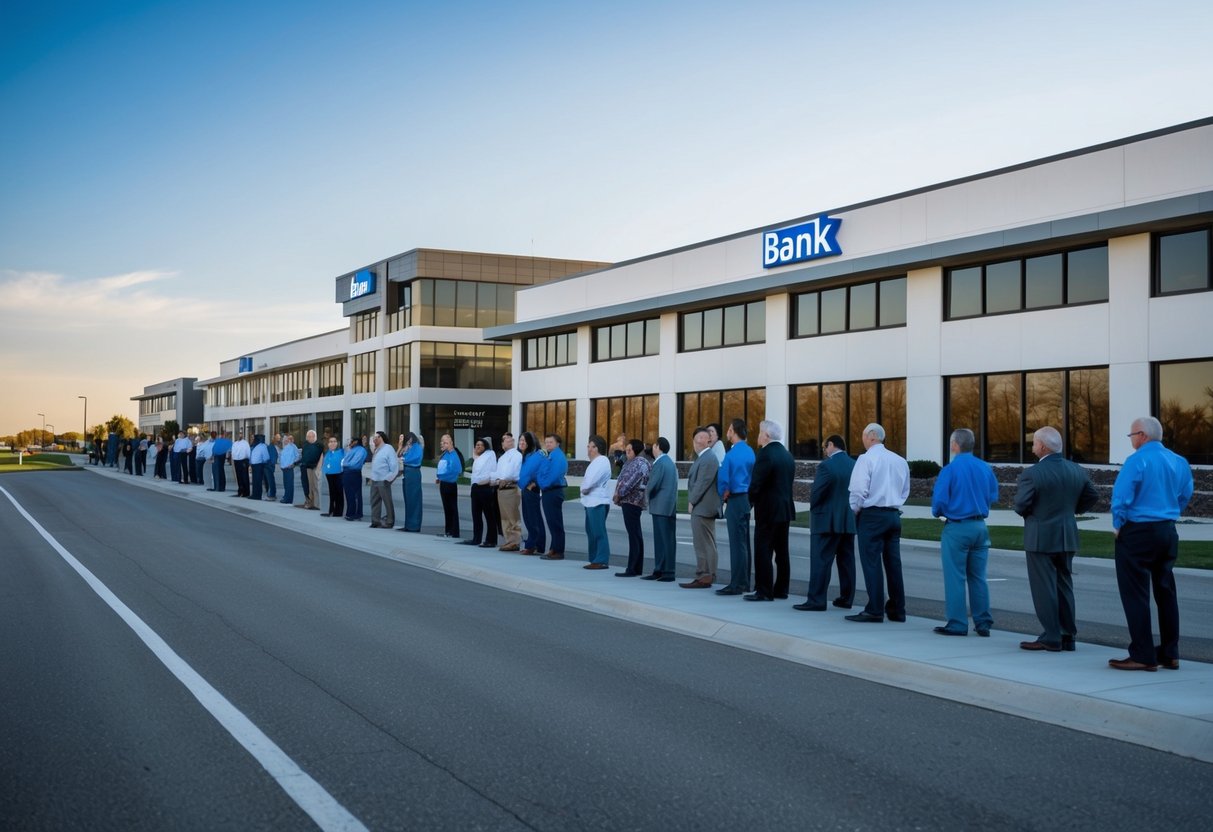 A row of office buildings with a clear blue sky, a bank in the background, and a line of small business owners waiting to apply for credit