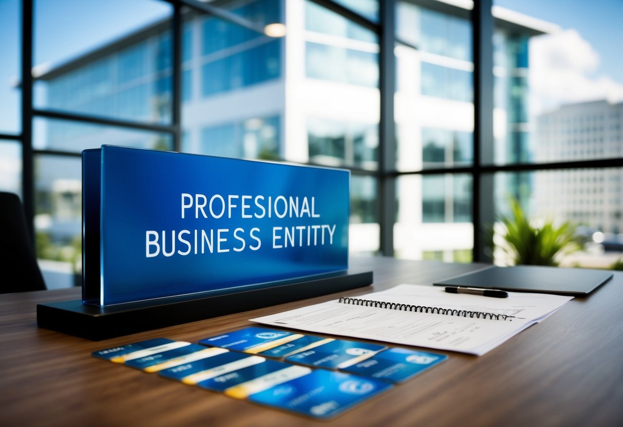 A modern office building with a sign displaying the name of a business entity. A line of credit cards and financial documents on a desk