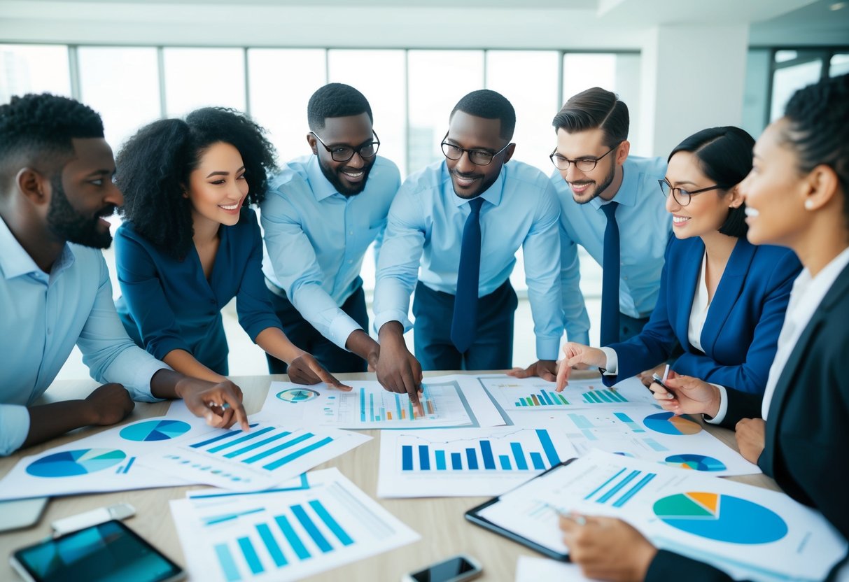 A group of diverse individuals brainstorming and strategizing around a table with charts, graphs, and financial documents spread out in front of them