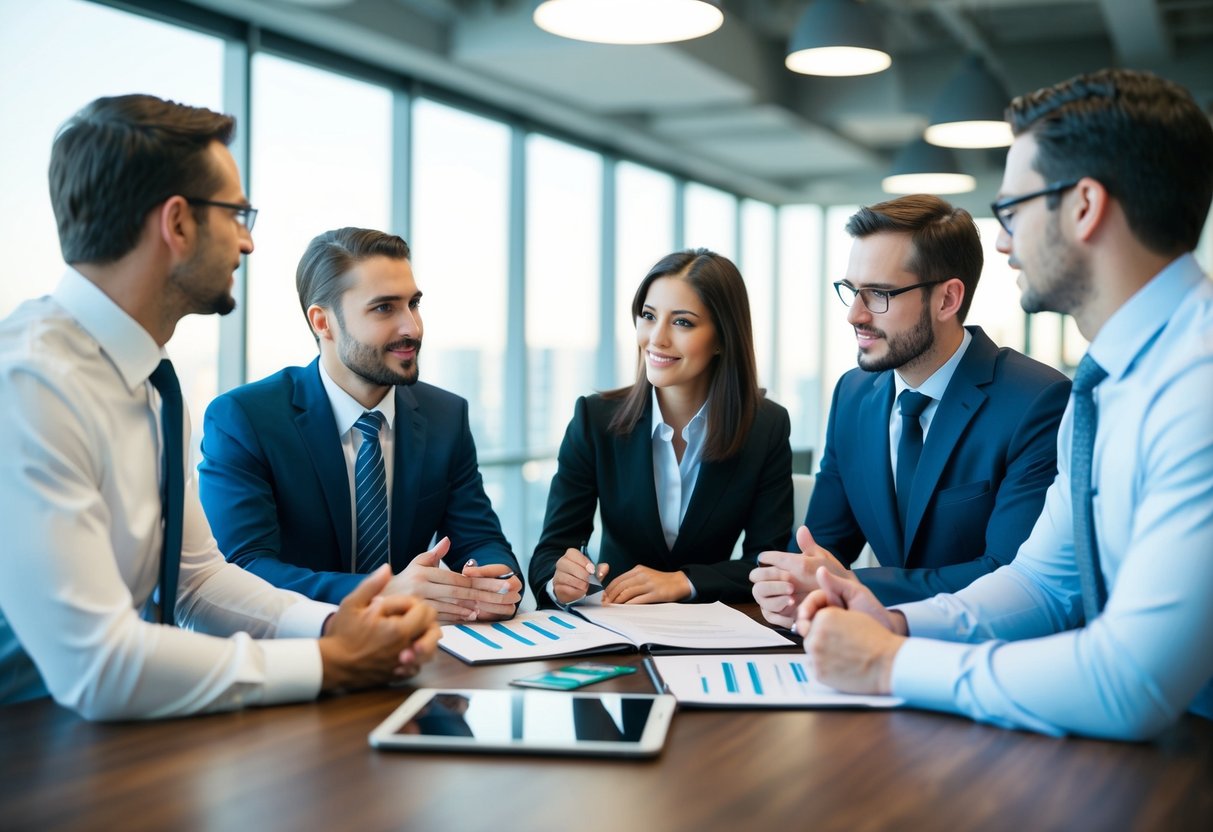 A group of business professionals discussing financial risk management and startup planning in a modern office setting