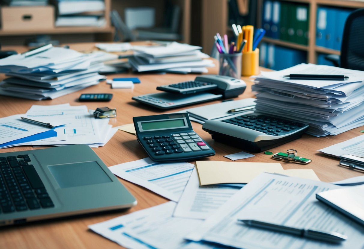 A cluttered desk with scattered papers, a calculator, and a laptop surrounded by various office supplies. A stack of bills and invoices sits nearby