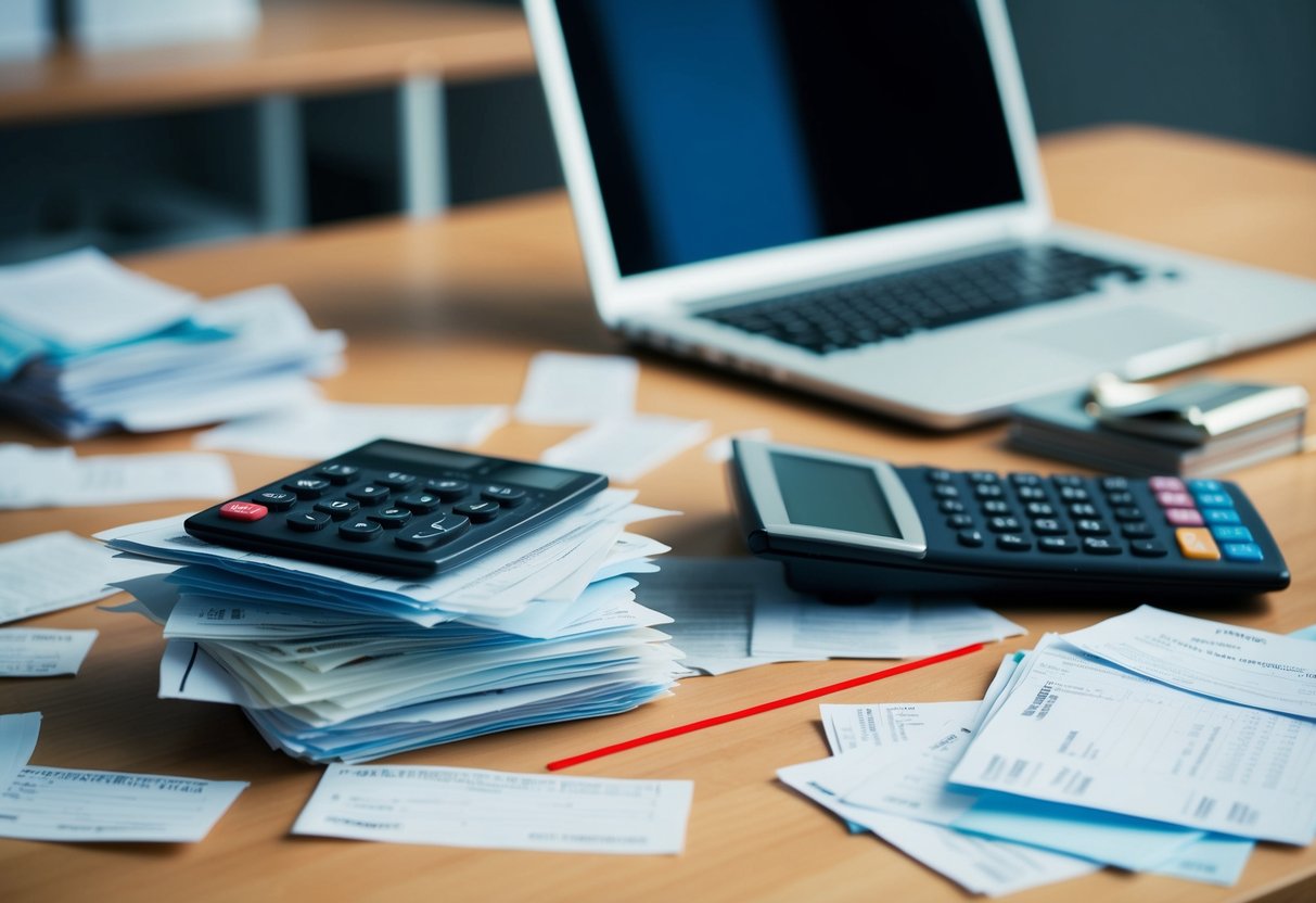 A cluttered desk with scattered receipts, a calculator, and a laptop. A stack of bills and invoices with a red line drawn through them