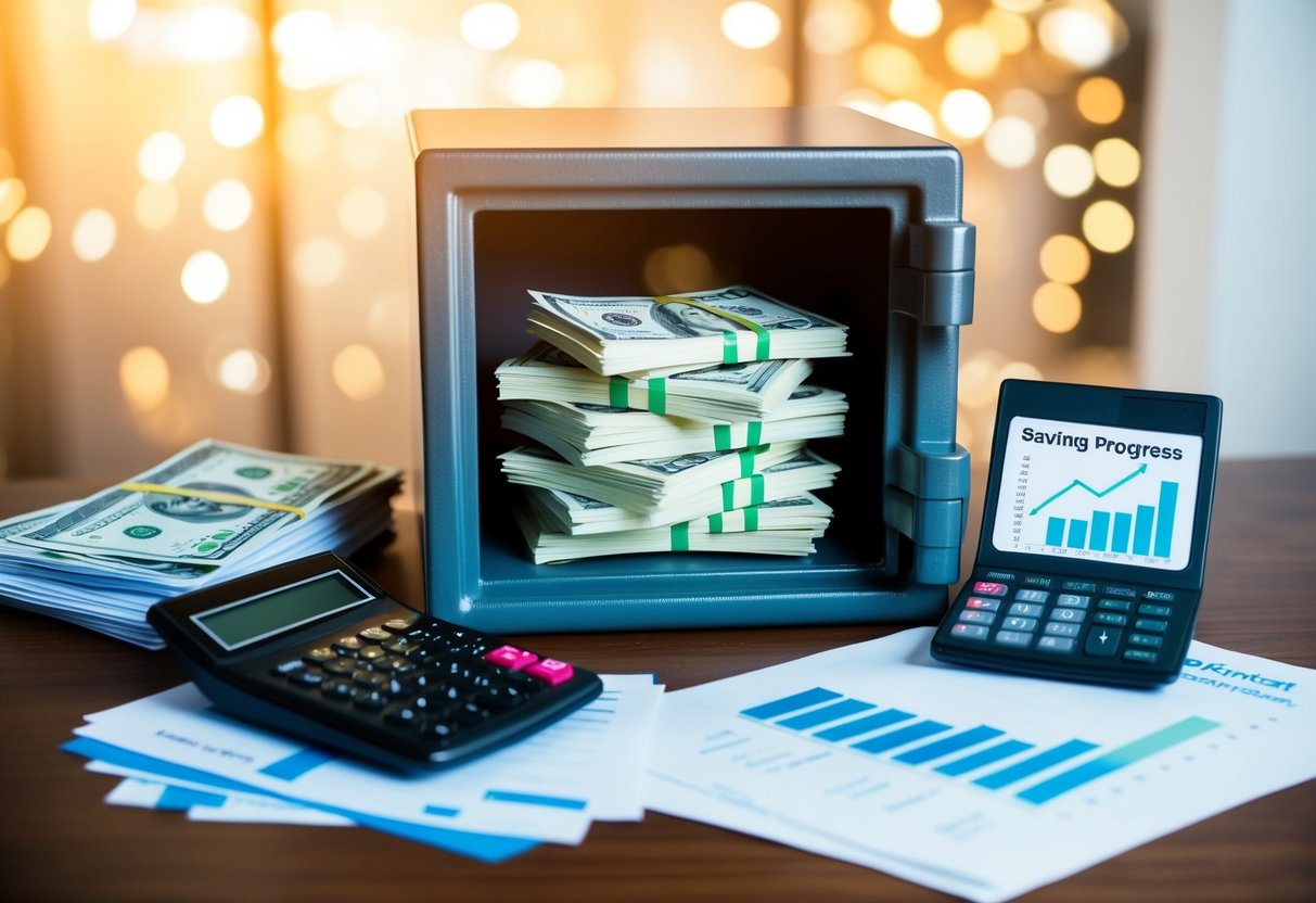 A safe with stacks of money and a calculator on a desk, surrounded by financial documents and a chart showing savings progress