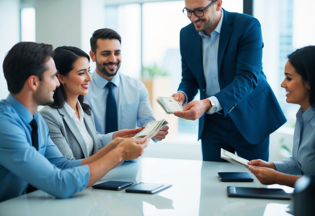 A small team of workers receiving their paychecks from a manager in an office setting