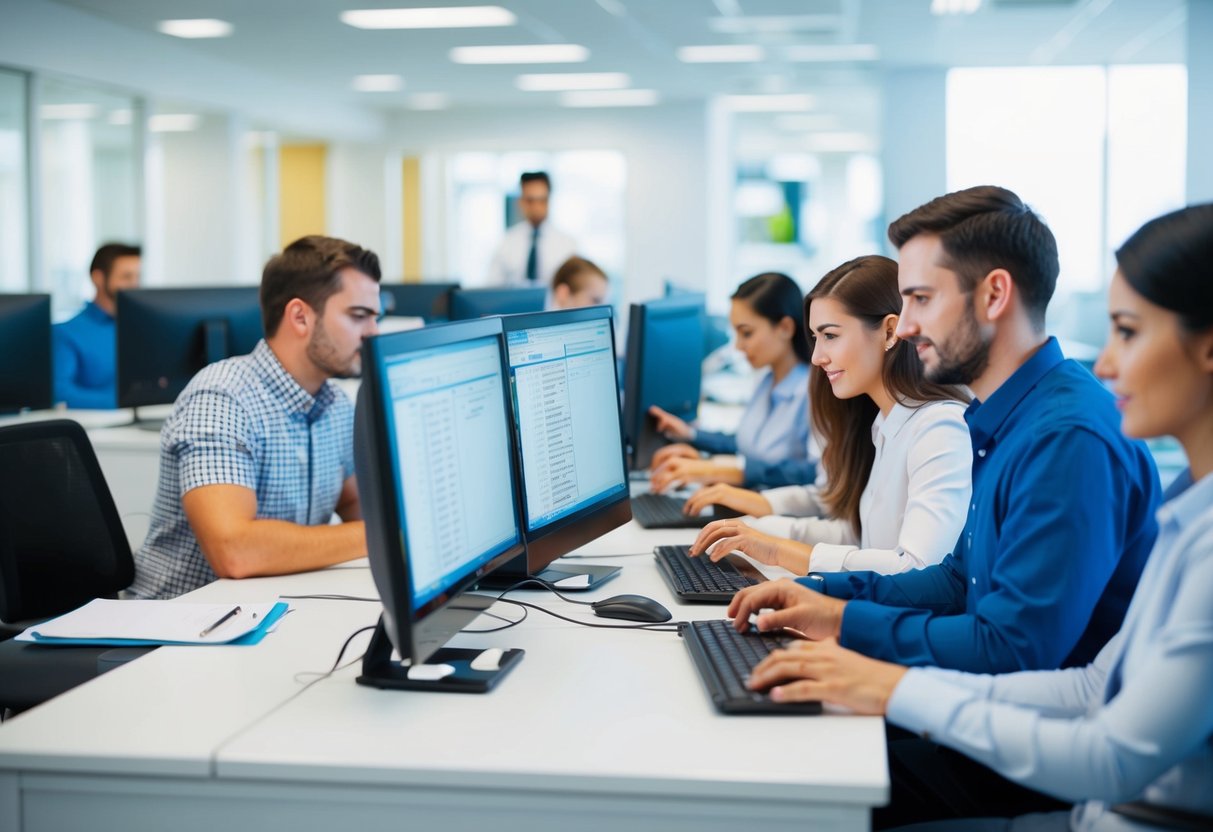 A small team of workers sit at desks, inputting data into payroll software on their computers. The office is brightly lit and organized, with a sense of productivity in the air