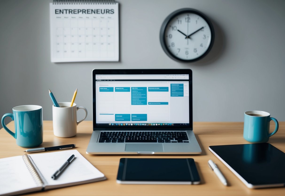 An organized desk with a laptop, notebook, pen, and coffee mug. A calendar on the wall and a clock showing a productive work environment for entrepreneurs