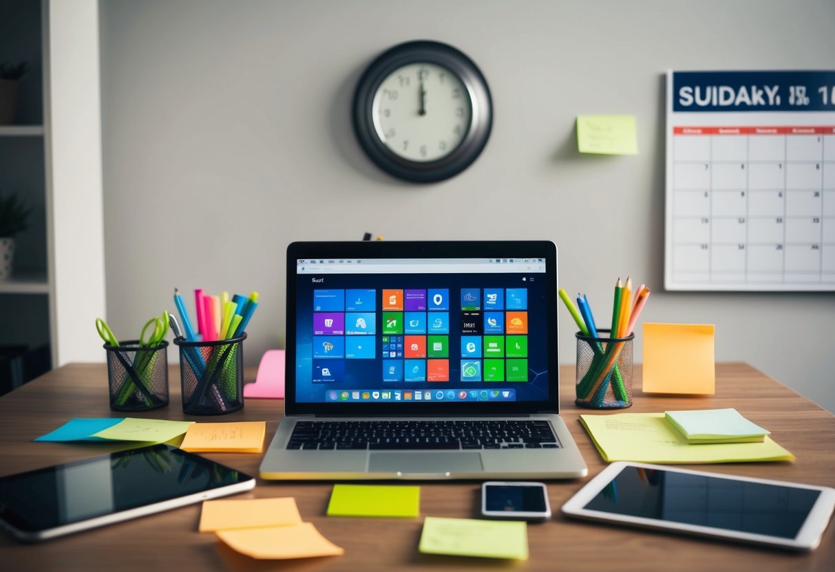 A cluttered desk with a laptop, smartphone, and tablet surrounded by sticky notes and a calendar. A clock on the wall shows the time