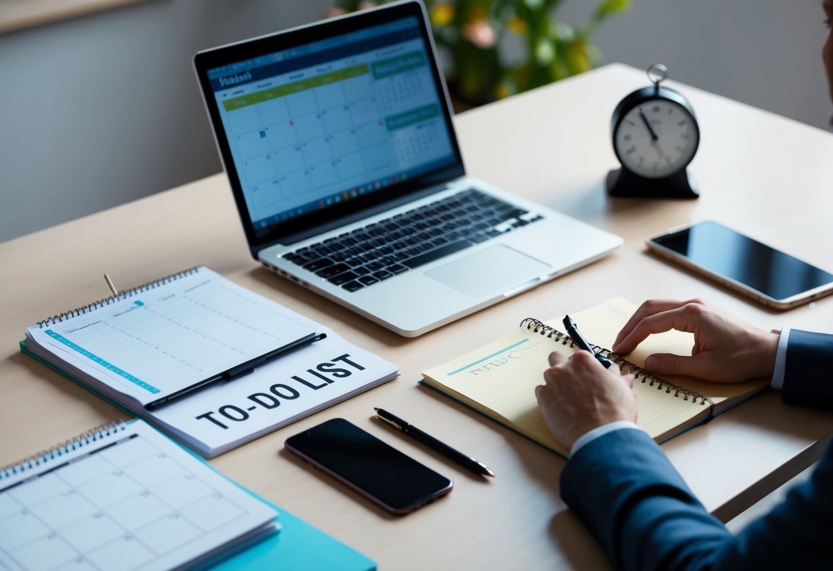 A desk with a calendar, clock, and to-do list. A person multitasking with a laptop, phone, and notebook. A timer set for a specific task