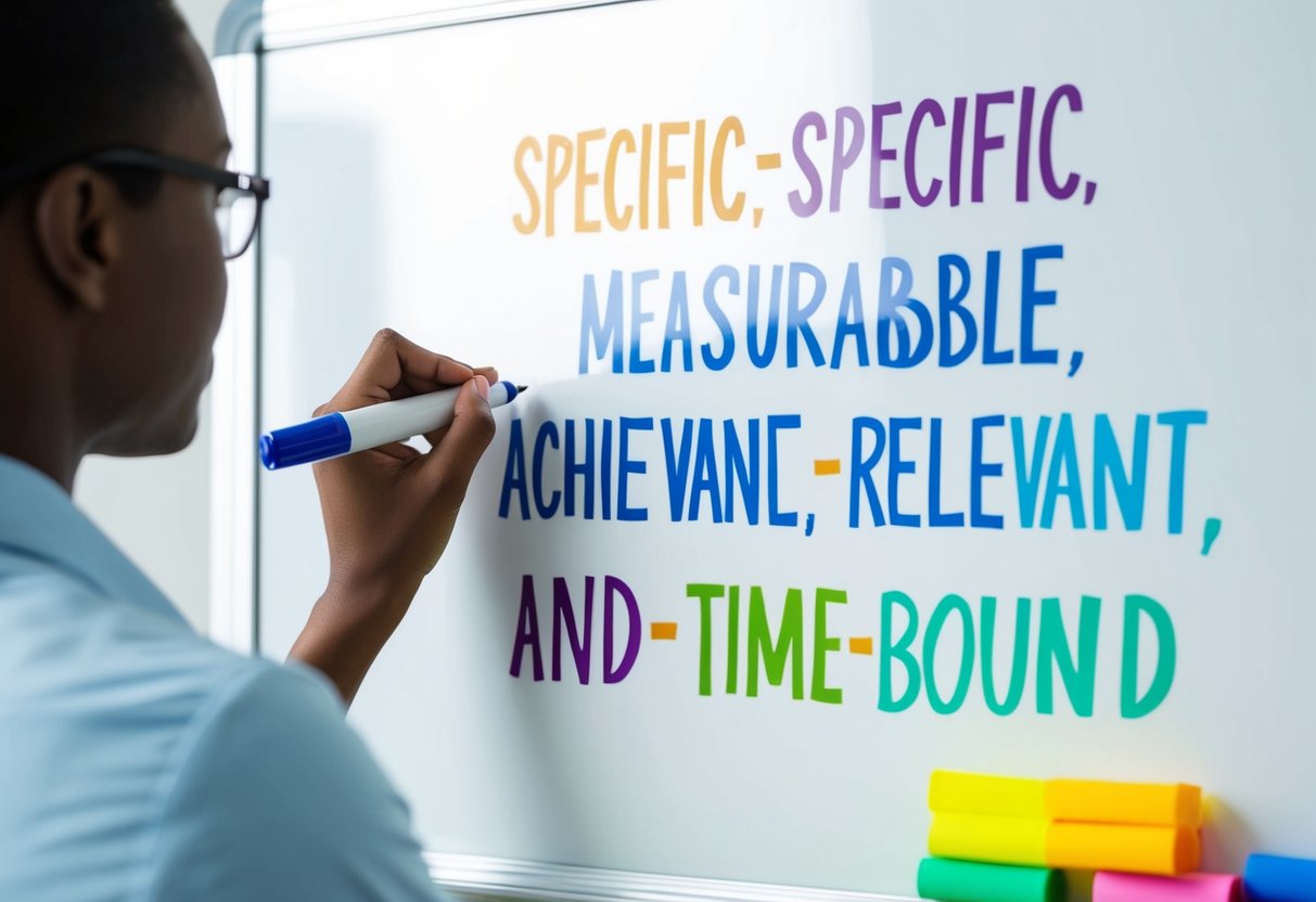 A person writing specific, measurable, achievable, relevant, and time-bound goals on a whiteboard with colorful markers