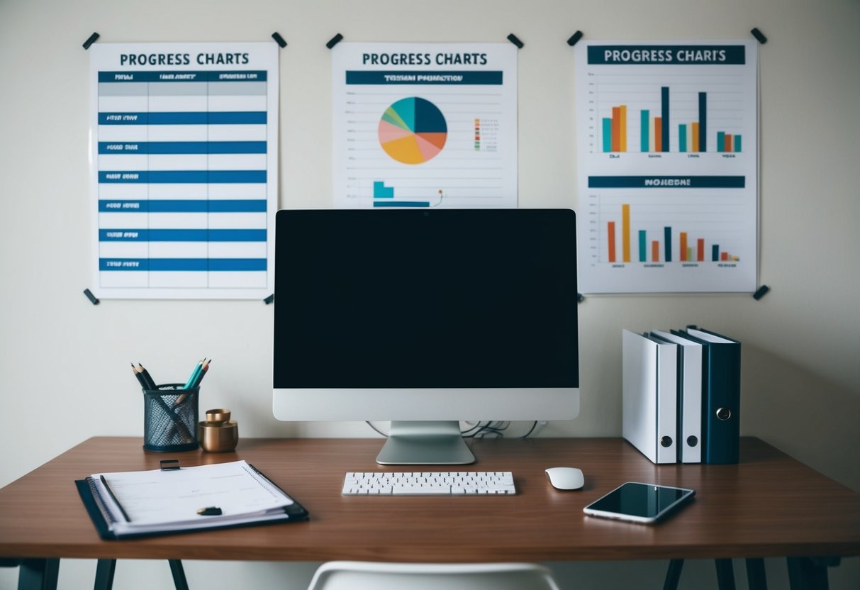 A desk with a planner, computer, and progress charts on the wall