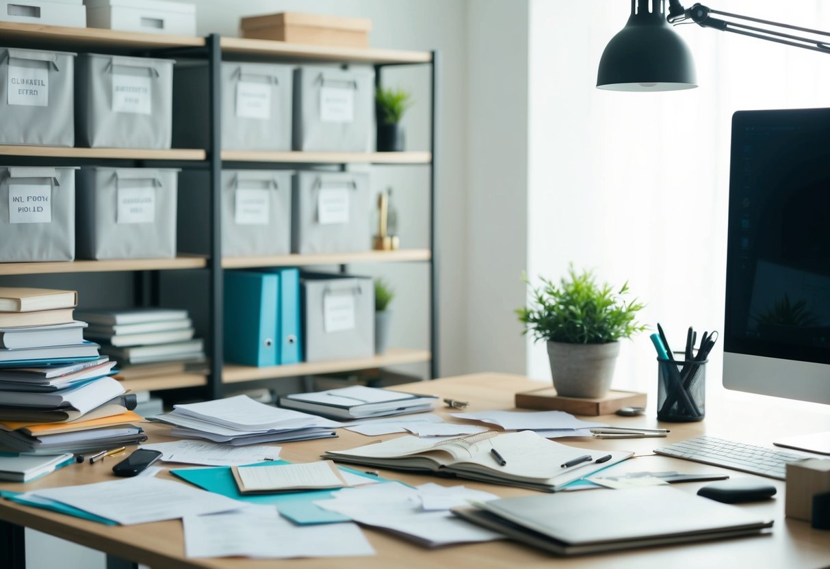 A cluttered desk with scattered papers, pens, and books. A neatly organized shelf with labeled bins for supplies. A clear workspace with a computer and a potted plant