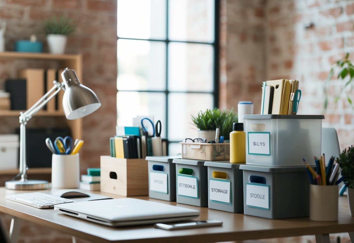 A clutter-free desk with neatly arranged supplies and labeled storage bins