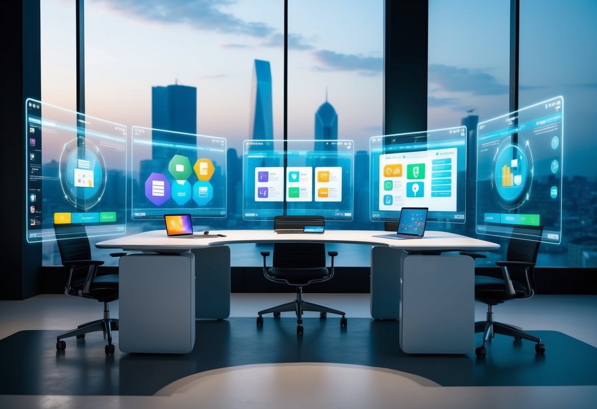 A futuristic workspace with holographic screens displaying various productivity apps and tools. A sleek and modern desk setup with a backdrop of cityscape and advanced technology