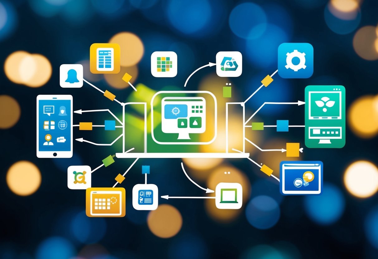 Various digital icons and logos of productivity apps and tools interconnected in a network, with data flowing between them