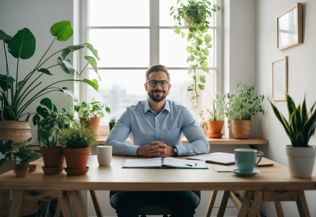 An entrepreneur sitting in a peaceful, organized workspace with natural light streaming in through a window, surrounded by plants and soothing colors