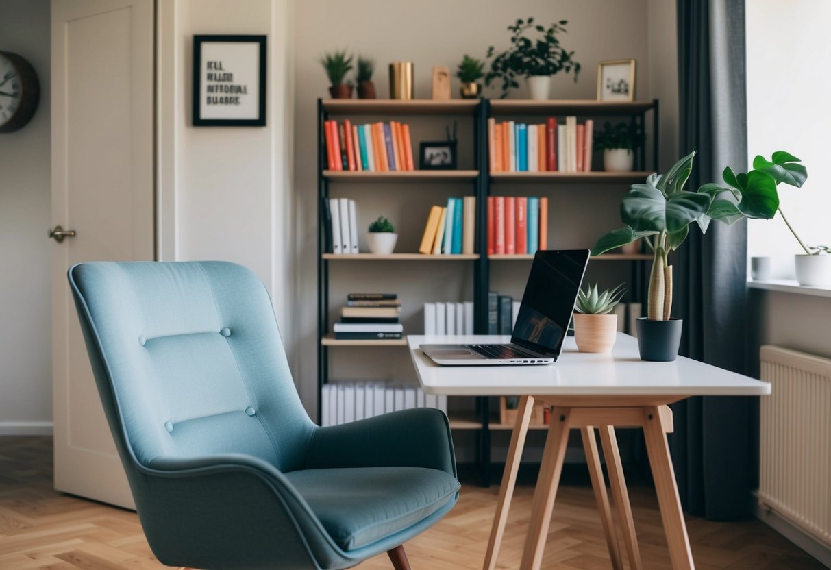 A cozy home office with a comfortable chair, a desk with a laptop, a bookshelf filled with motivational books, and a small indoor plant for a calming atmosphere