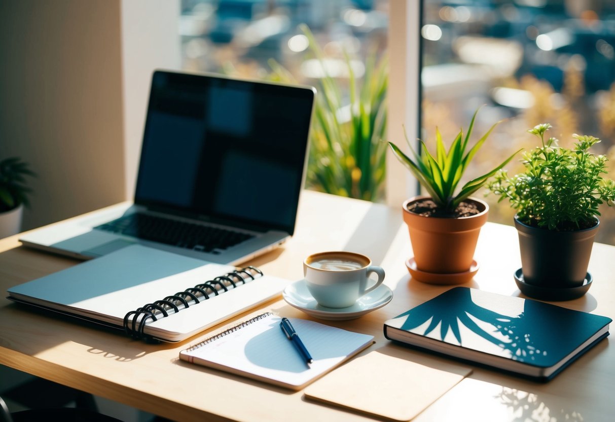 A sunlit desk with a planner, laptop, and potted plant. A cup of coffee and a notebook sit nearby