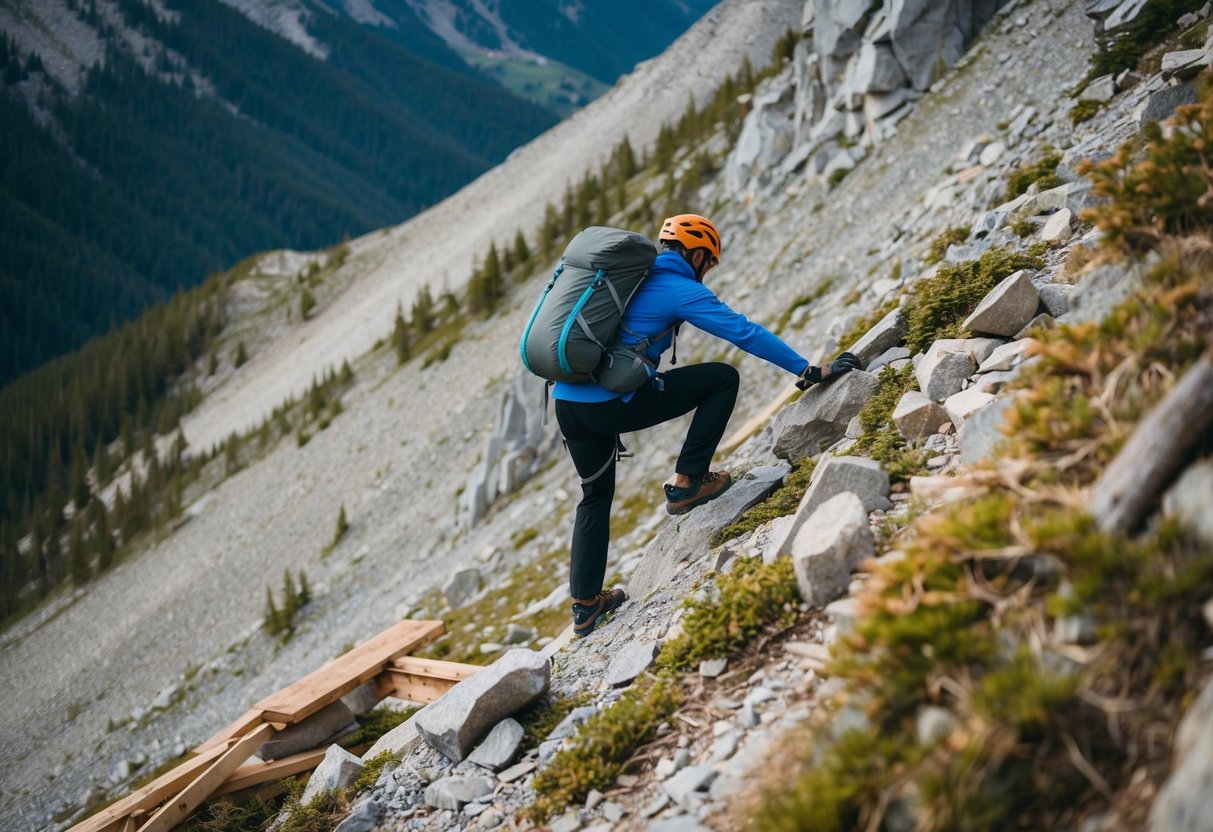 A person climbing a steep mountain, overcoming obstacles like rocks and fallen trees, while building a path to reach the peak