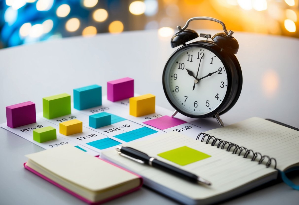 A clock surrounded by color-coded blocks on a schedule, with a pen and notebook nearby for time-blocking techniques