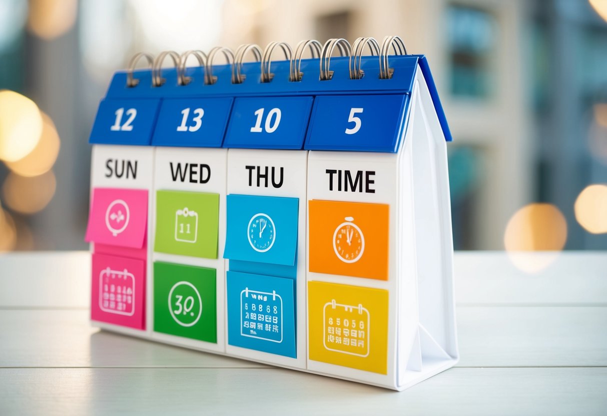 A calendar with color-coded time blocks and various symbols for different tasks and activities