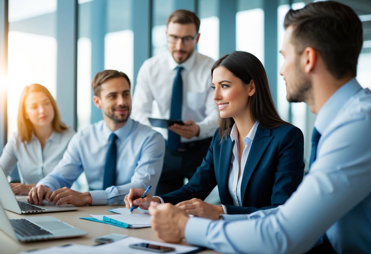 A manager assigning tasks to a group of workers, observing their progress and providing feedback