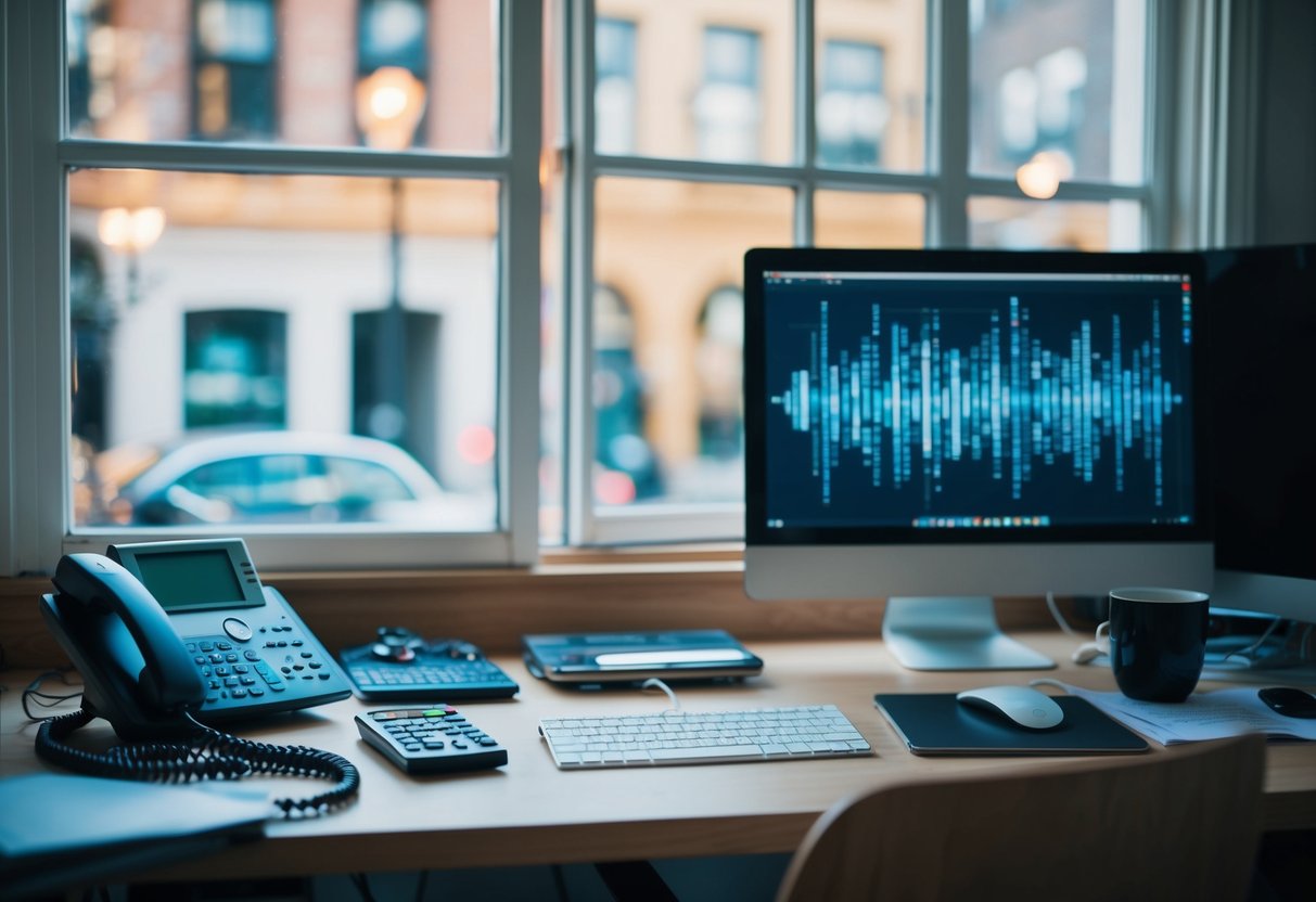 A cluttered desk with a ringing phone, buzzing computer, and open window with noisy street sounds