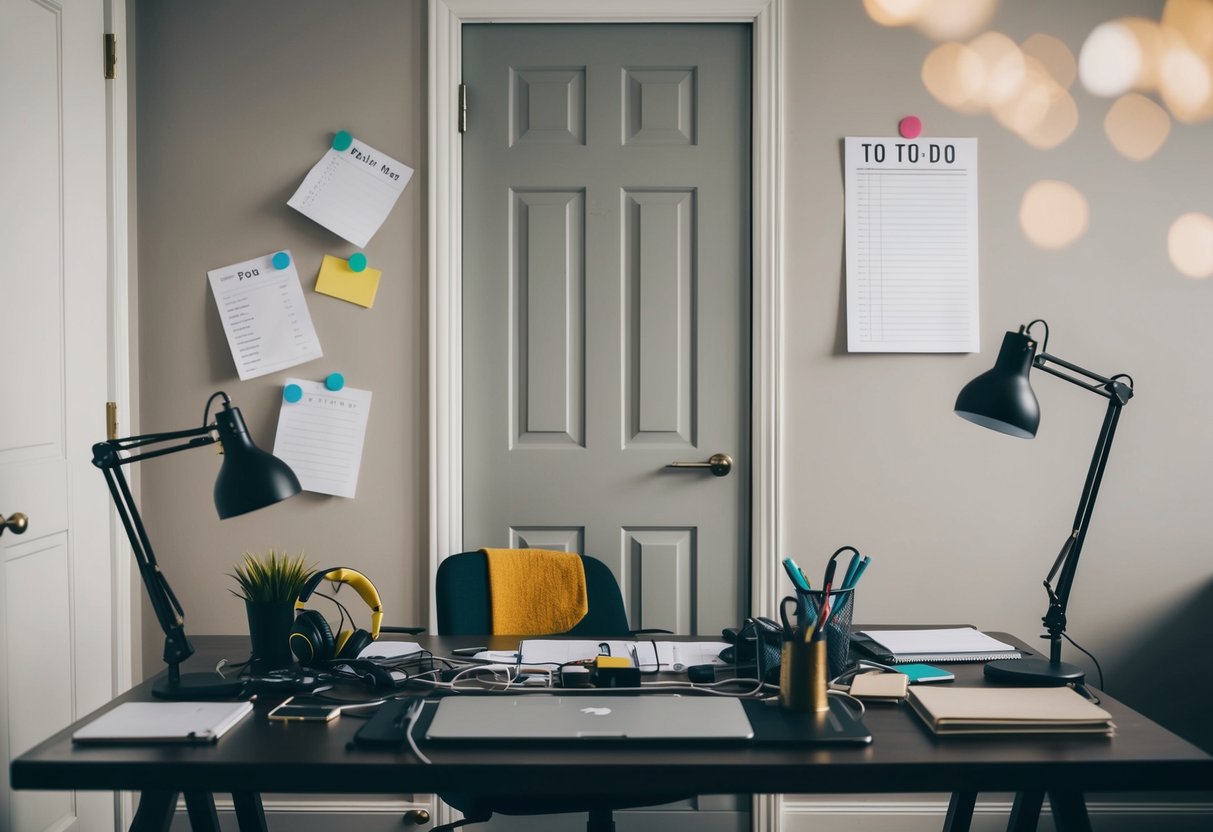 A cluttered desk with headphones, a closed door, and a to-do list pinned to the wall