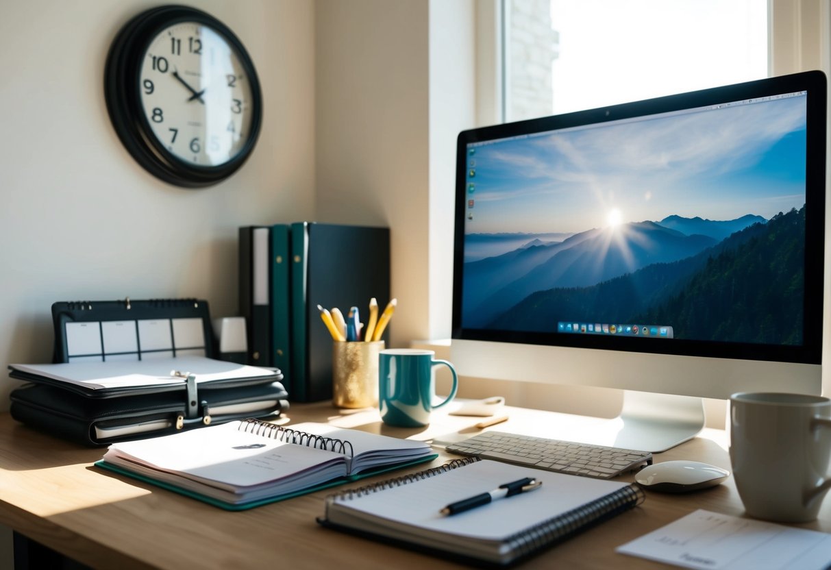 A cluttered desk with a planner, computer, and coffee mug. A clock on the wall shows the time. Sunlight streams in through a window