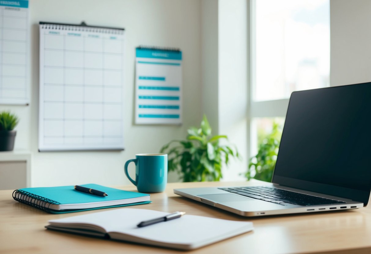 A desk with a laptop, notebook, pen, and coffee mug. A calendar and to-do list on the wall. Bright, natural light fills the room